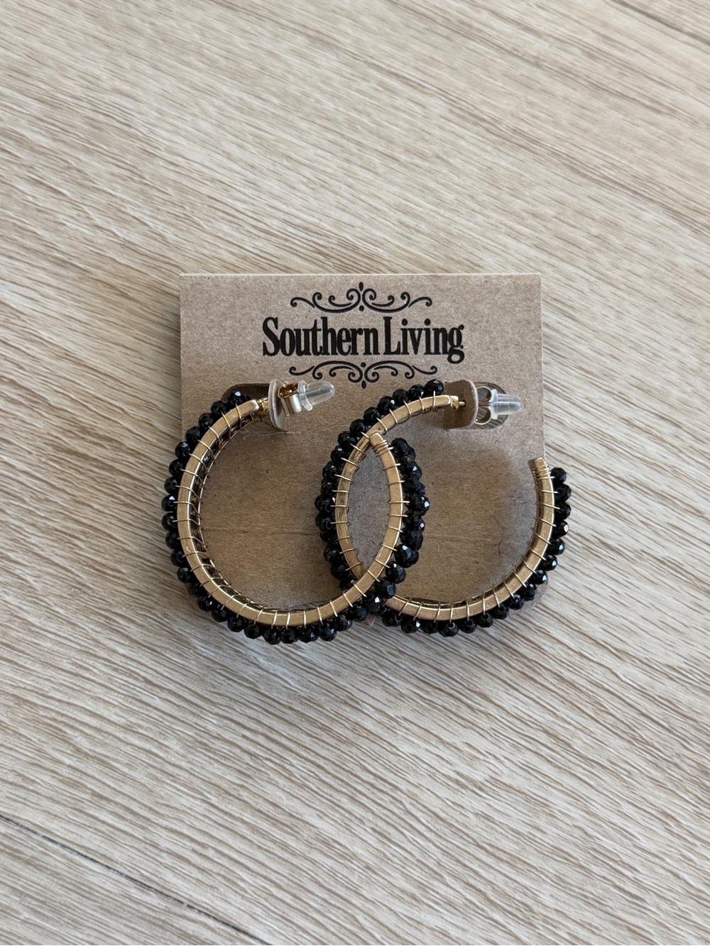 Southern Living NWT Gold Tone Black Crystal Beaded Woven Bling Hoop Earrings